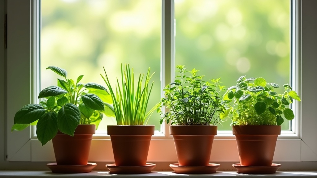Indoor herb garden on a sunlit windowsill featuring basil, chives, parsley, mint, and thyme in small clay pots.