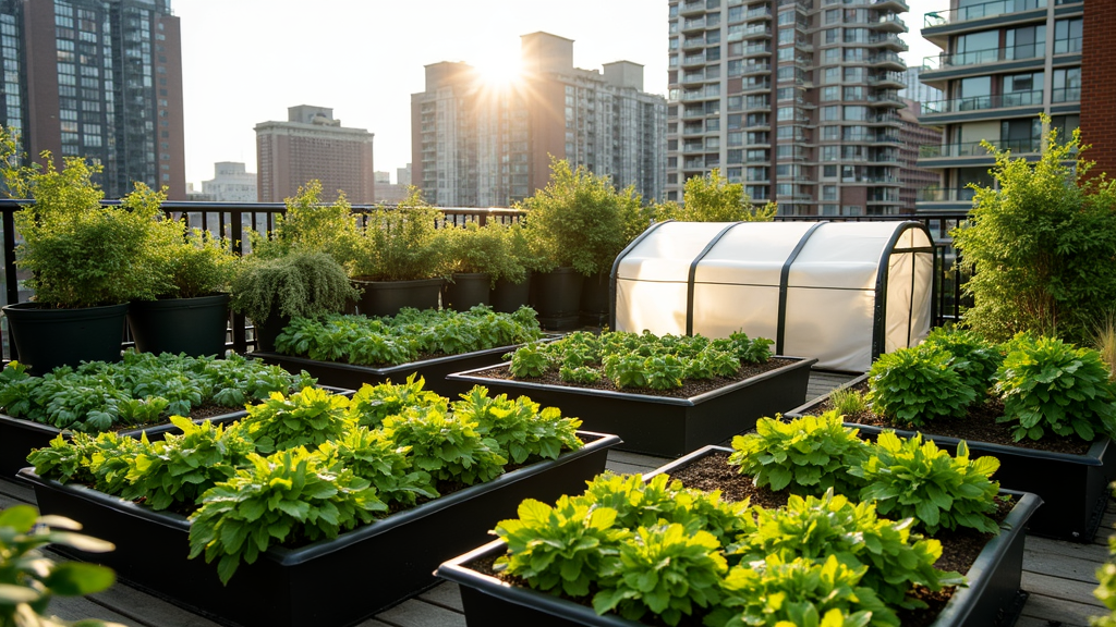 Urban gardener using a cold frame on a rooftop with leafy greens inside, surrounded by city buildings and garden tools.
